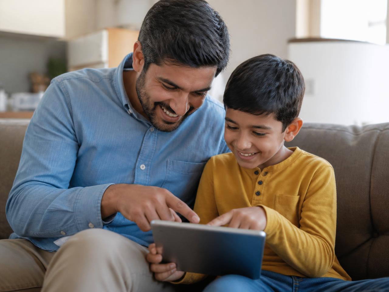 A parent and child smiling together while looking at a tablet